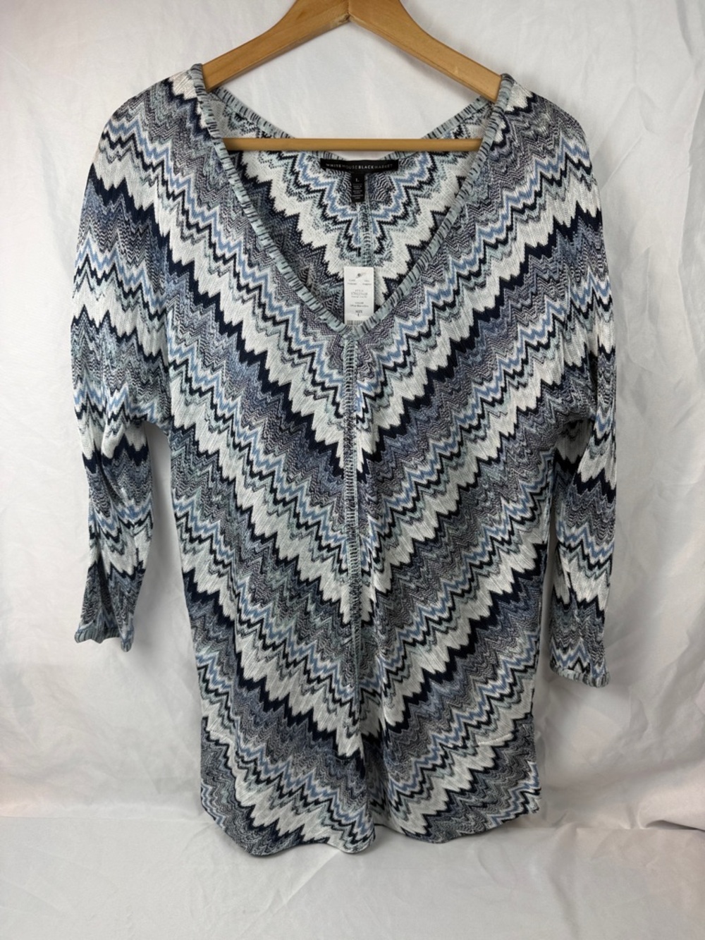 White House Black Market Blue Chevron Zigzag‎ Knit Tunic Top Size L NWT